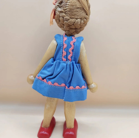Vintage 50's Polish Wooden Peg Doll Blonde Hair Blue Eyes Moveable Arms - Picture 2 of 7